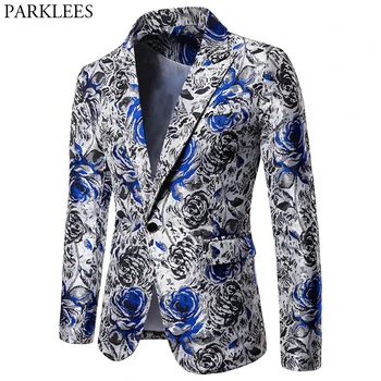 

Rose Flower Print Stylish Blazer Jacket Men 2019 Stylish New One Button Slim Fit Blazers Mens Party Wedding Prom Blazer Hombre