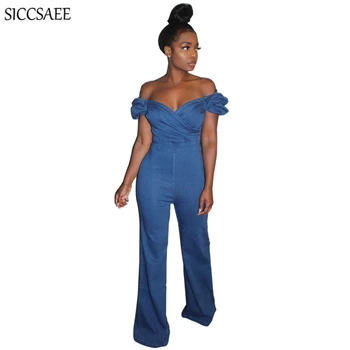 

V Neck Wrap Jumpsuits And Rompers For Women Wide Leg Bell Bottom Pants Sexy One Piece Overalls Denim Bodysuit Casual Mono Mujer