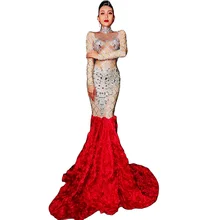 

Sparkling Rhinestones Plaid Dress Red Rose Appliques Floor-Length Trailing Dresses Ladies Dance Costumes Party Stage Wear