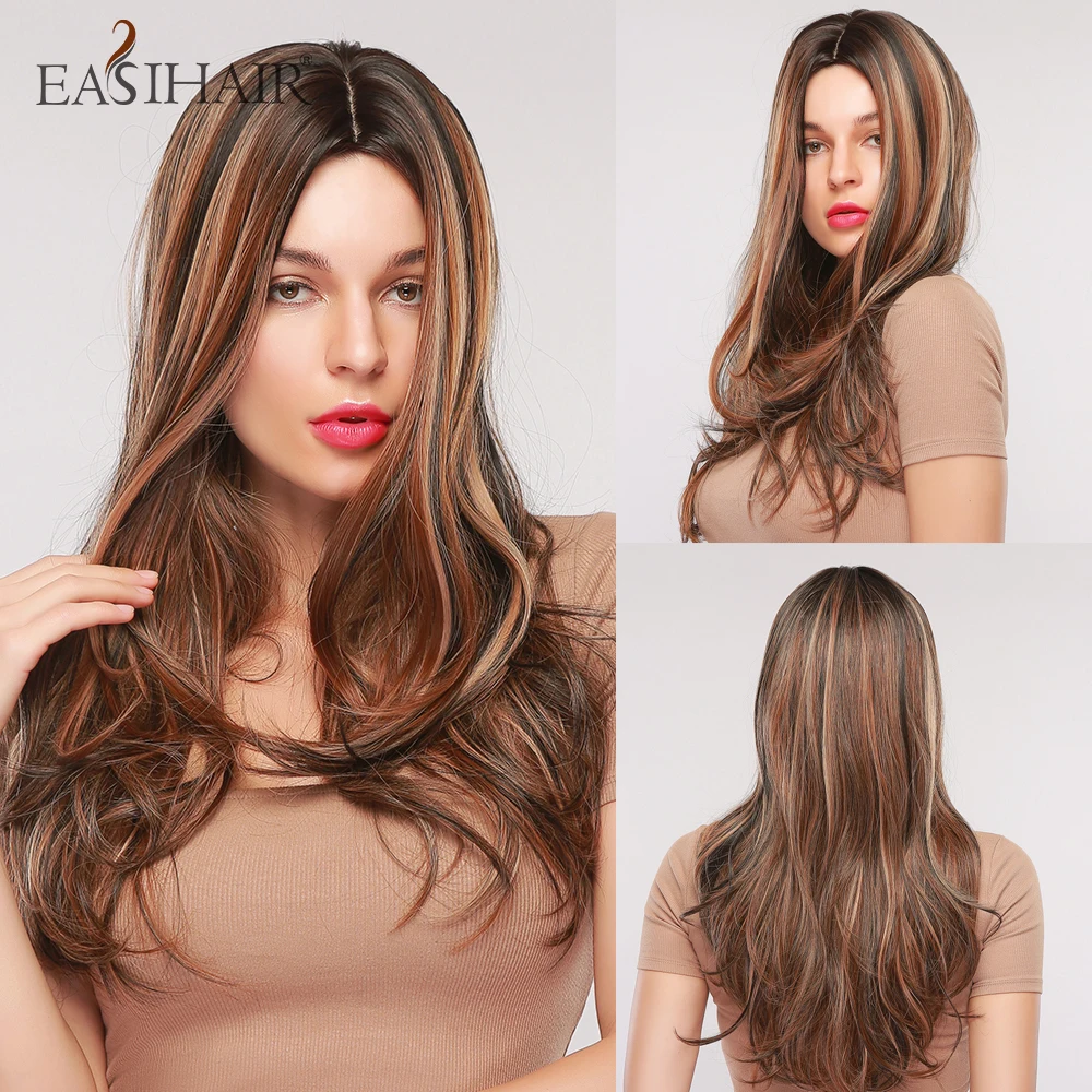 

EASIHAIR Brown Ombre Long Synthetic Hair Highlihts Wigs for Women Natural Hair Wigs Wave Heat Resistant Cosplay Wigs