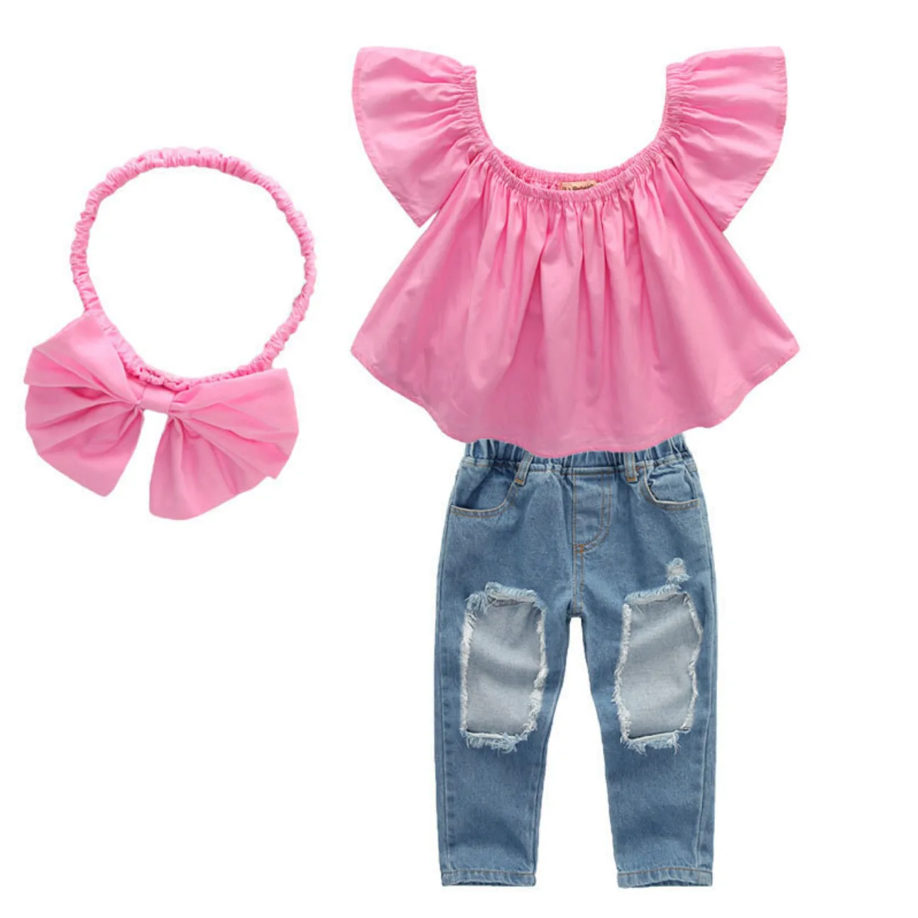 

2020 New Style Summer GIRL'S with Holes Jeans Set Tube Top Tops + Washing Water Cowboy Trousers Hair Band 3 Pieces