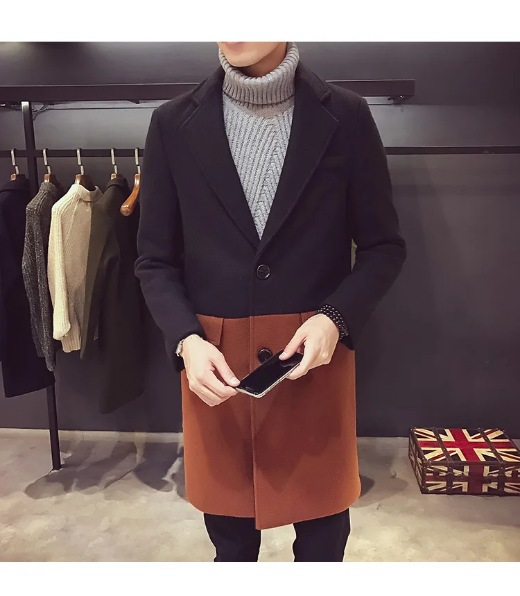 Лоскутное шерстяное пальто средней длины Тренч мужской Chaqueta Invierno Hombre контрастный Тренч Desinger верхняя одежда Вечерние Клубные