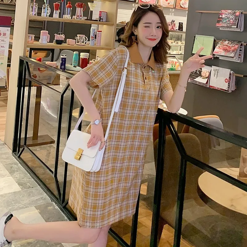 

Pregnant Women Dress 2019 Western Style Summer Wear Loose-Fit Plaid T-shirt Skirt Polo Skirt Nursing Nursing Dress