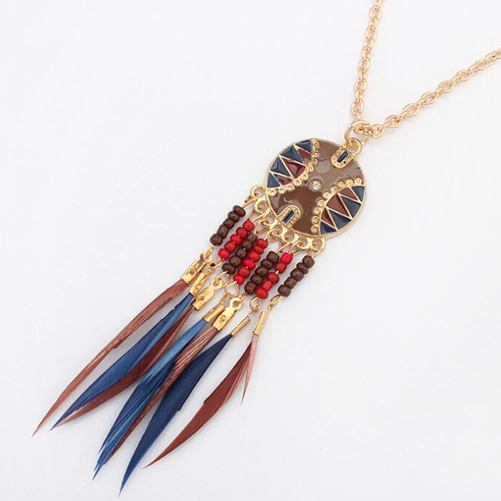 New Bohemian Jewelry Dream catcher  Rhinestone Feather bead Tassel Pendant Necklace For Women Charm  Jewelry
