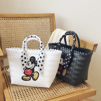 

bags for women 2020 Korean mickey vegetable basket bag simple handmade straw bag Ins red wild silk scarf handbag female