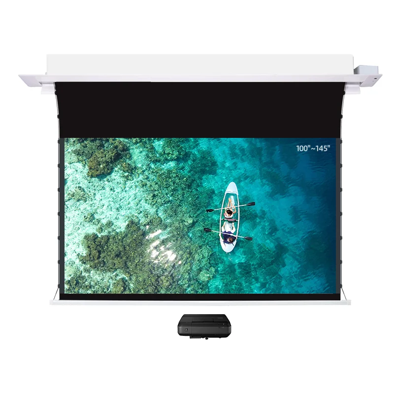 Hot Sell 100 Inch ALR Motorized Tab-Tensioned In-Ceiling Recessed Screen For Ultra Short Throw Projector