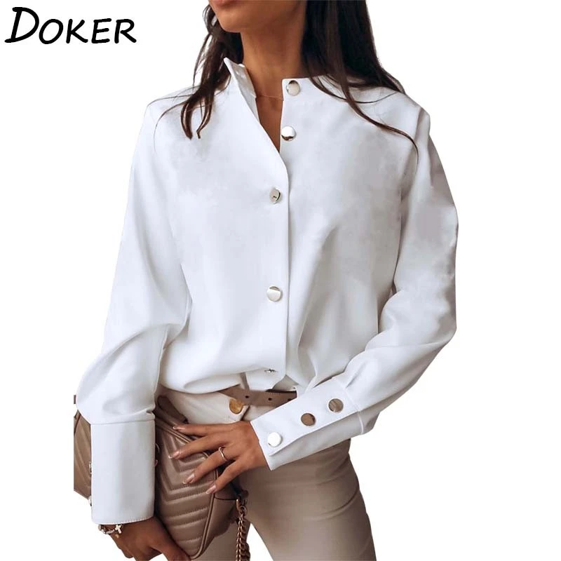 Autumn White Blouse Womens Casual Fashion Stand Collar Long Sleeve Plus Size Office Ladies Shirt Elegant Female Tops And Blouses satin shirts for women