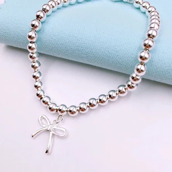 

Trendy Bow-knot & Round 4mm Bead Bracelets for Women Birthday Valentine Gift S925 Sterling Silver 1:1 LOGO Women Jewelry