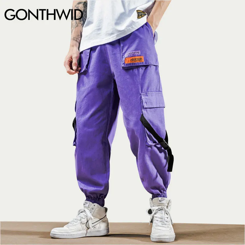 

GONTHWID Side Ribbon Buckle Pockets Cargo Harem Joggers Pants Streetwear Mens Harajuku Hip Hop Casual Sweatpants Trousers Male