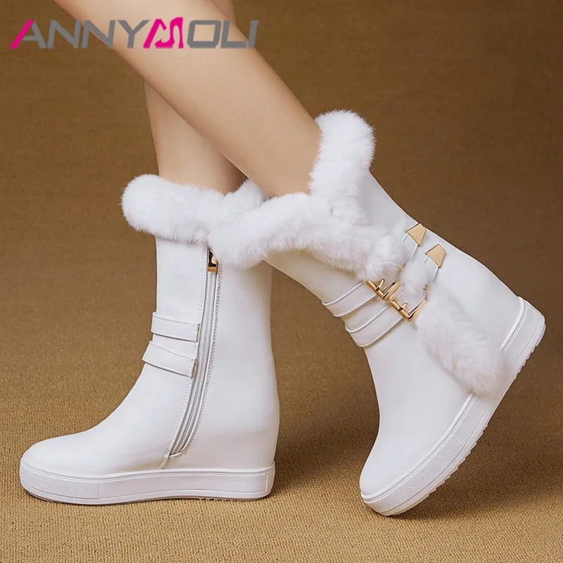 

ANNYMOLI Winter Fur Snow Boots Women Zipper Height Increasing High Heel Mid Calf Boots Warm Plush Buckle Shoes Female Size 34-39