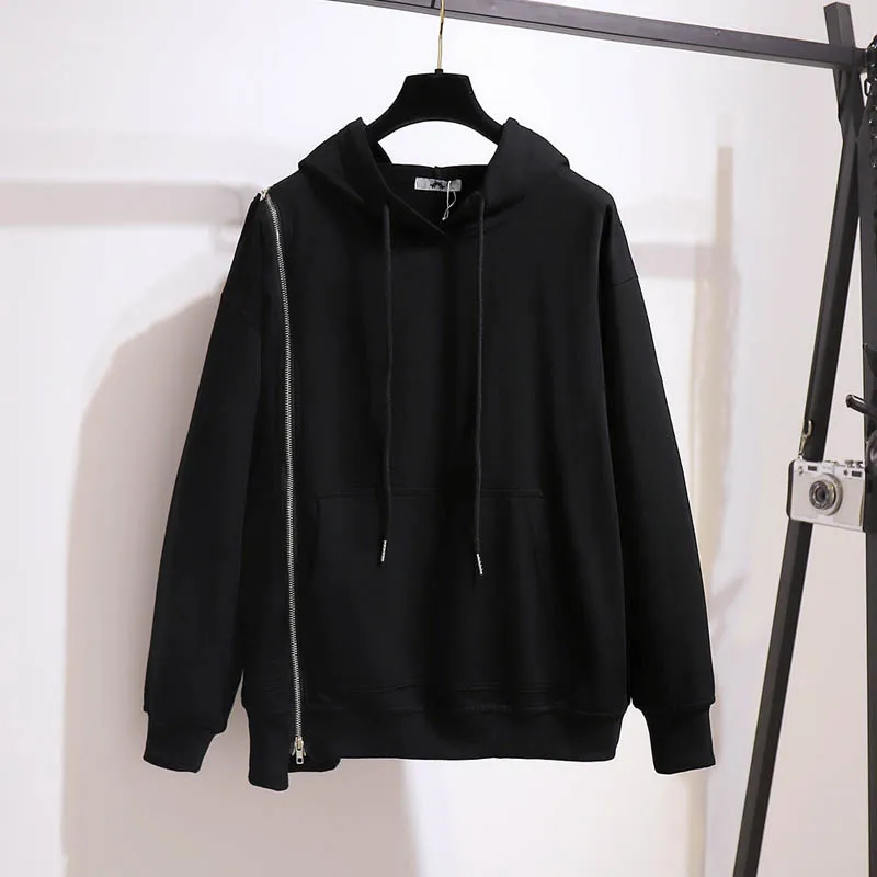 

150Kg Plus Size Women's Spring Autumn Loose Hooded Sweatshirt Bust 154cm 6XL 7XL 8XL 9XL 10XL Long Sleeve Fake Zipper Top Black