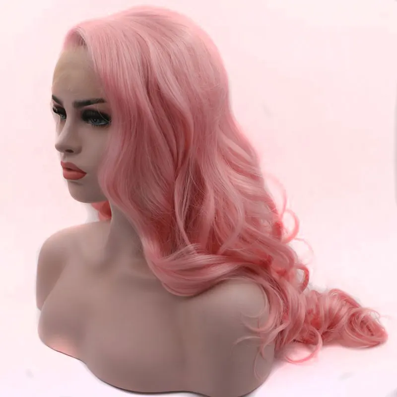 BM Synthetic 13*3 Lace Front Wig Pink Layered Body Wave Heat Resistant Fiber Hair Natural Hairline With Bangs For Women Wigs
