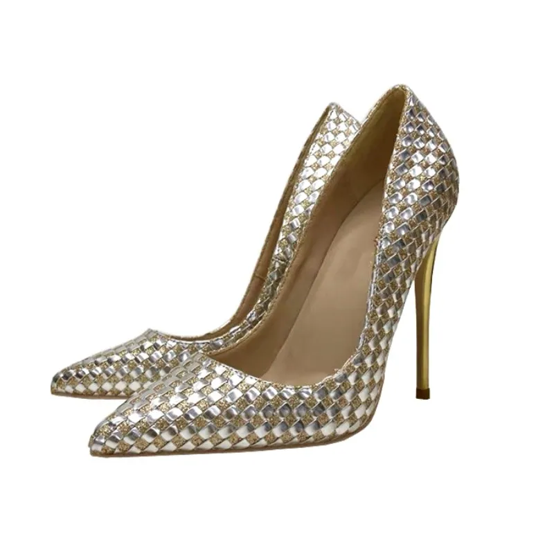 Ke Shang Jia Shiny Plaid Women Stilettos High Heels Bling Party Dress Shoes Ladies Ponited Toe Slip On Pumps Size 33-46