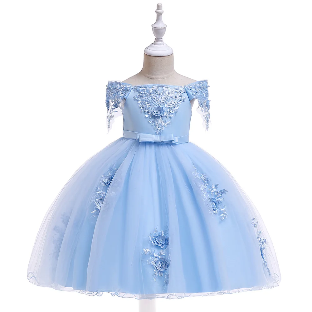 Красивое детское свадебное платье принцессы для девочек; одежда для летней вечеринки; светло-голубое платье подружки невесты с цветочной аппликацией