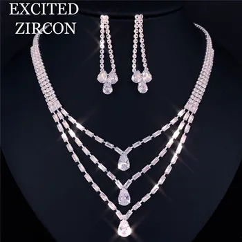 

Shiny luxury zircon crystal three-layer chain water drop necklace earring set fashion wedding bride exquisite jewelry gift