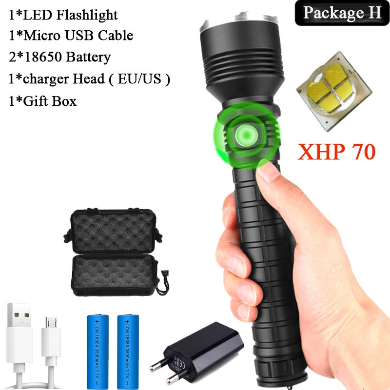 Package H 7000LMs XHP70.2 супер Мощная Вспышка светильник XHP50 USB зум светодиодный фонарь Лампа тактическая охотничья светильник 18650 26650 Отдых на природе - Испускаемый цвет: Package H