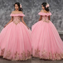 Розовое Бальное Платье, бальные платья, Золотая аппликация, милые 16 платья для выпускного вечера, вечерние платья для особых случаев, платья для дня рождения