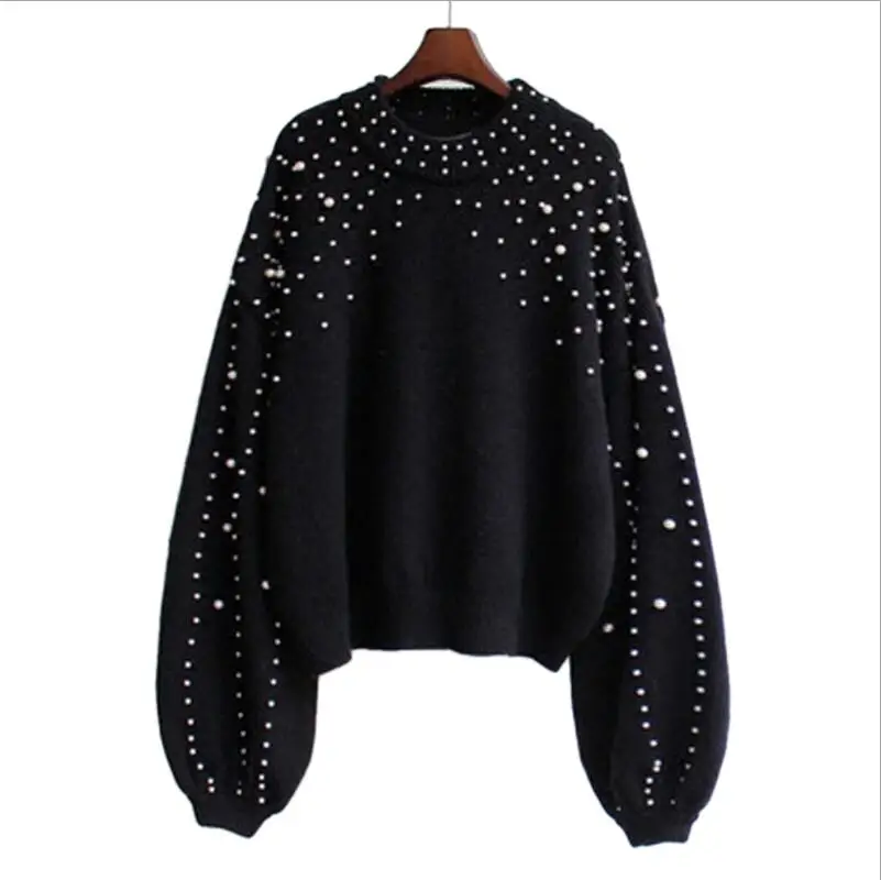 Осень-зима, женские свитера и пуловеры с бусинами и рукавами-фонариками, вязаный свитер, пуловер, женский серый облегающий джемпер - Цвет: Black