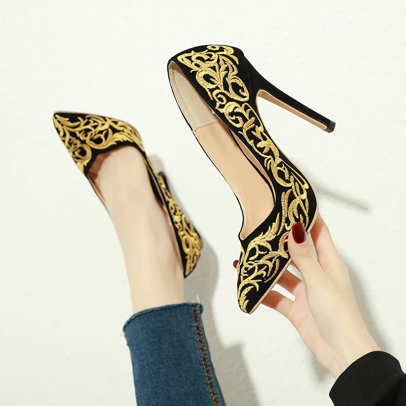 

2020 Summer Women High Heels embroidered Fashion Shallow Pumps Pointed Toe Party Autumn Spring Thin Heels Women 12cm High Heels