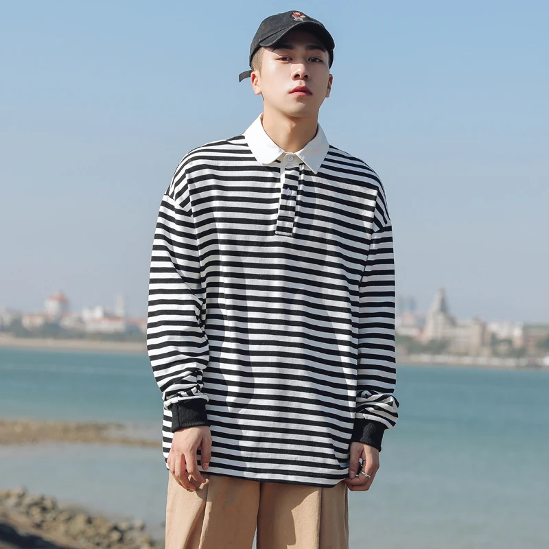 

Men's POLO shirt 2020 spring and summer new long-sleeved striped loose POLO shirt youth personality trend men's clothing