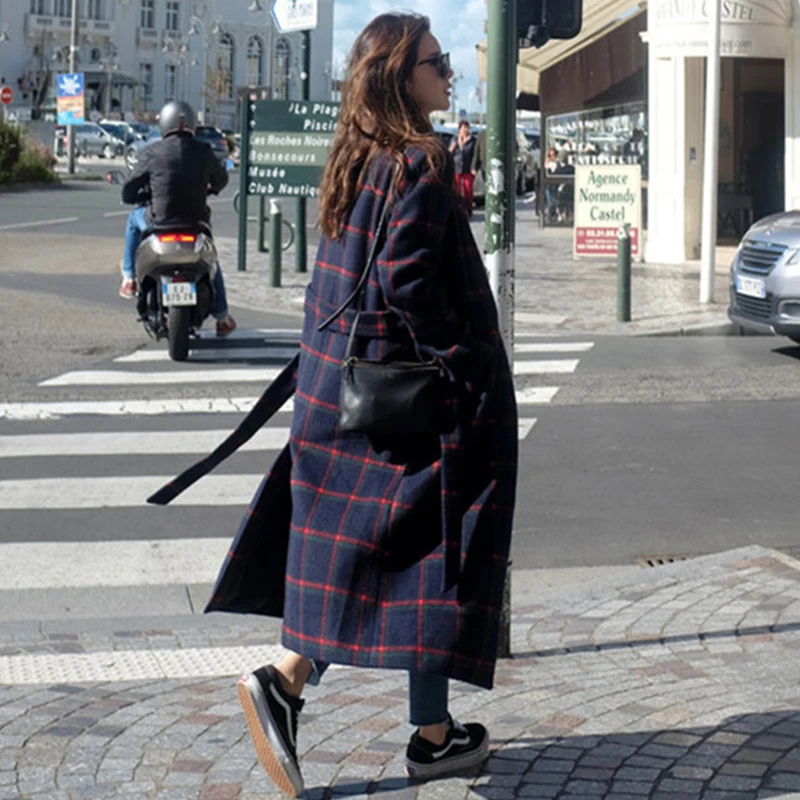 

Winter Woman Coats 2019 Autumn and Winter New Woolen Coat Belt Version of The Plaid In The Long Coat Large Size Female Jacket