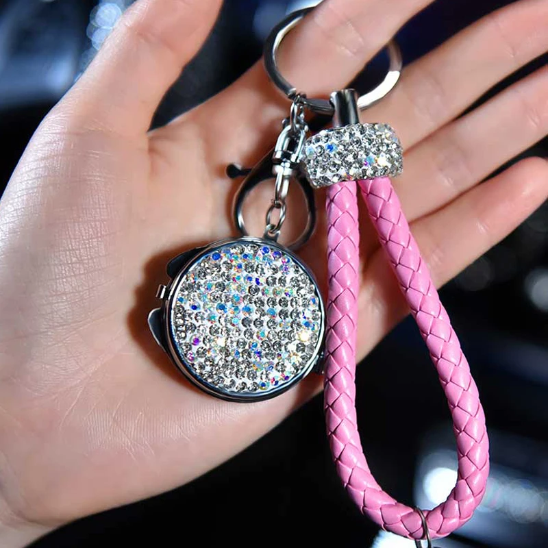 1 шт. Высококачественный винтажный кожанный браслет автомобильный брелок кристалл держатель для ключей футляр для хранения колец натуральная сумка подвеска с зеркалом - Название цвета: Pink 1 Pcs