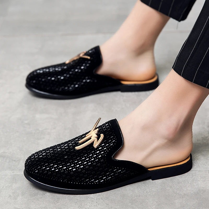 Luxury Diamond Men Slipper Mules Backless Loafers Men Leather Shoes Retro Flat Heel Party Slippers Slip On Shoes Chaussure Homme