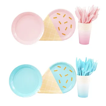 

40pc Disposable Tablewares Paper Plates Cups Wedding Decoration Ice Cream Solid Color Foil Gold Birthday Party Supplies for Kids