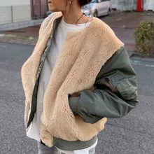 

Women's Jacket Coat Autumn Lamb Fur Coats Winter Loose Harajuku Patchwork Thicken Jackets Hooded Korea Fashion Ladies Outwear