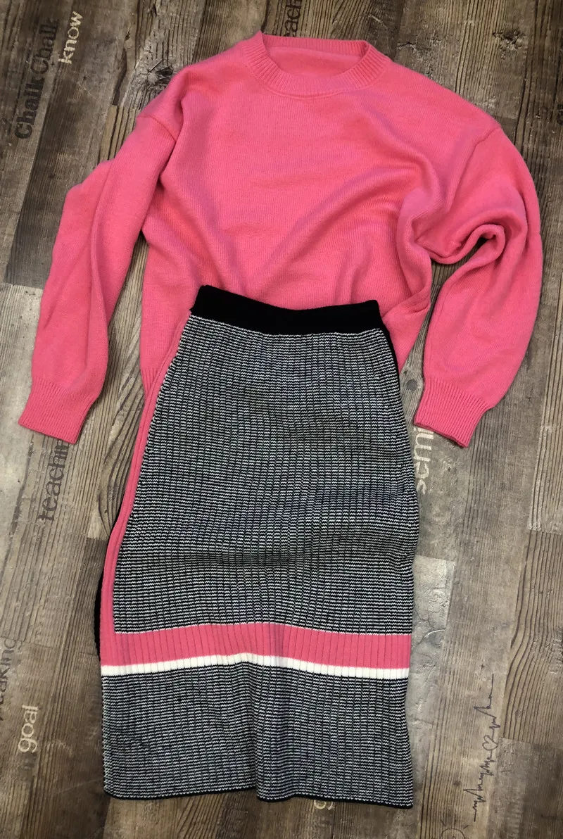 Комплекты свитеров ярких цветов Осенние новые свободные трикотажные пуловеры с круглым вырезом и Лоскутная клетчатая облегающая юбка-карандаш комплекты из 2 предметов