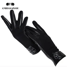 Модные короткие женские кожаные перчатки, женские перчатки из овчины, Высококачественная матовая кожа, черные настоящие женские зимние перчатки-0715