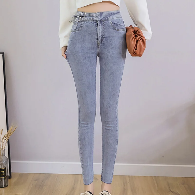Light Blue Корейские обтягивающие сексуальные джинсы с высокой талией женские джинсы стрейч большого размера женские джинсы карандаш брюки карманы джинсы Mujer осень - Цвет: Light Blue