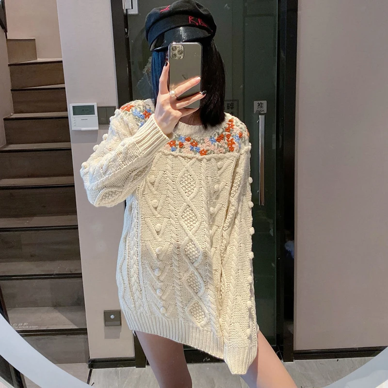 

Floral Embroidery Long Sweater Winter Thick Warm Twist Knit Pullover Sweater Ladies Oversized Jumper Women Spring Knitwear Tops