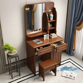 

Solid Wood New Chinese Style Dresser Bedroom Mini Makeup Table 80cm Small Makeup Table with Stool with Mirror
