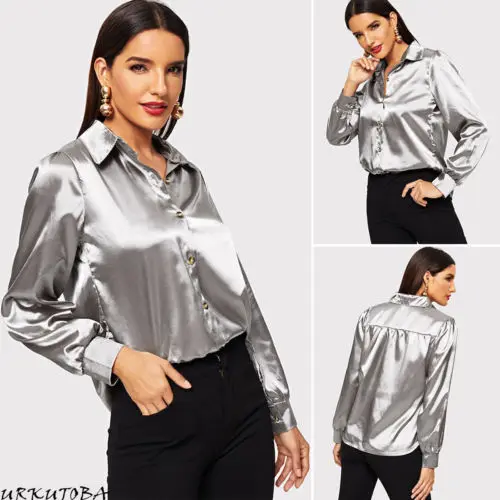

New Elegant Women Long Sleeve Ladies Glossy Silk Satin Button Down Tops Blouse Streetwear