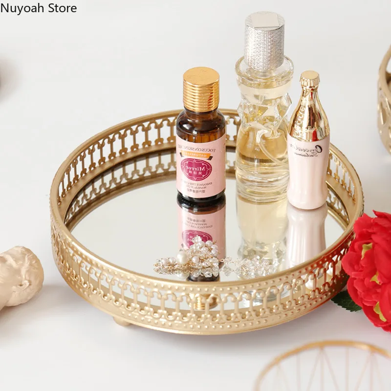 Nordic Light Luxury Style Golden Wrought Iron Glass Mirror Base Tray Living Room Desktop Jewelry Tray Household Storage