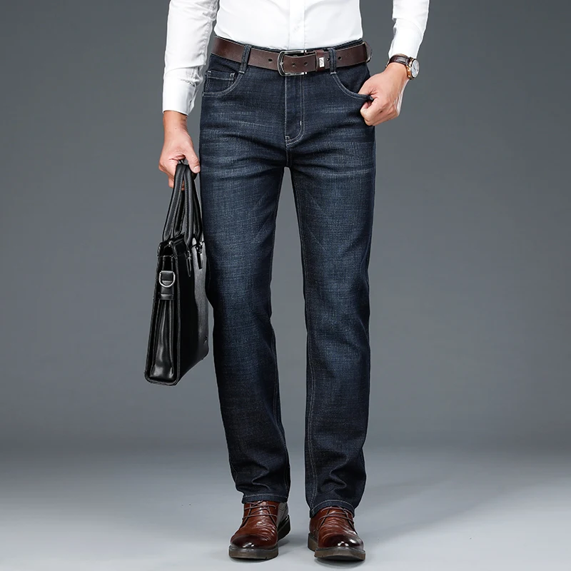 Denim Pants Business-Jeans Trousers Stretch Dark-Blue Male Men Straight Cotton Brand