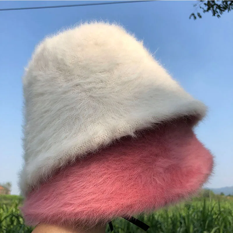 Women Bucket Hat winter fashion Solid color rabbit fur hat bucket cap fisherman's hat retro knitted wool basin Bucket Hat women bucket hat women hat bucket hat