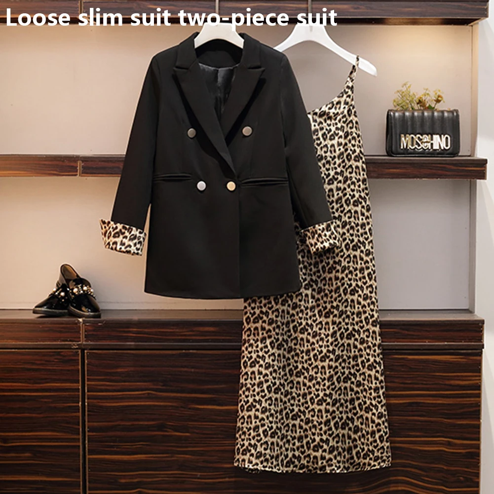 Autumn Plus Size 2 Pieces Dress Suits Set Solid Women New Summer Casual Blazer Chiffon Floral Dress Set Lady Office Suits