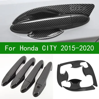 

For Honda CITY 2015-2020 Black Carbon Fiber pattern car Door handle bowl Cover Bezel Trim 2016 2017 2018 2019