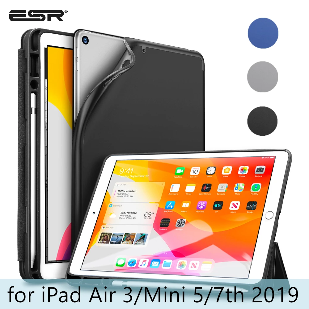 Günstige ESR Fall für iPad Air 3 Mini 5 7 2019 Folio Gummi Öl Abdeckung Ultra Slim Smart Bleistift Slot Weichen TPU Fall für iPad 7 7th 10,2 2019