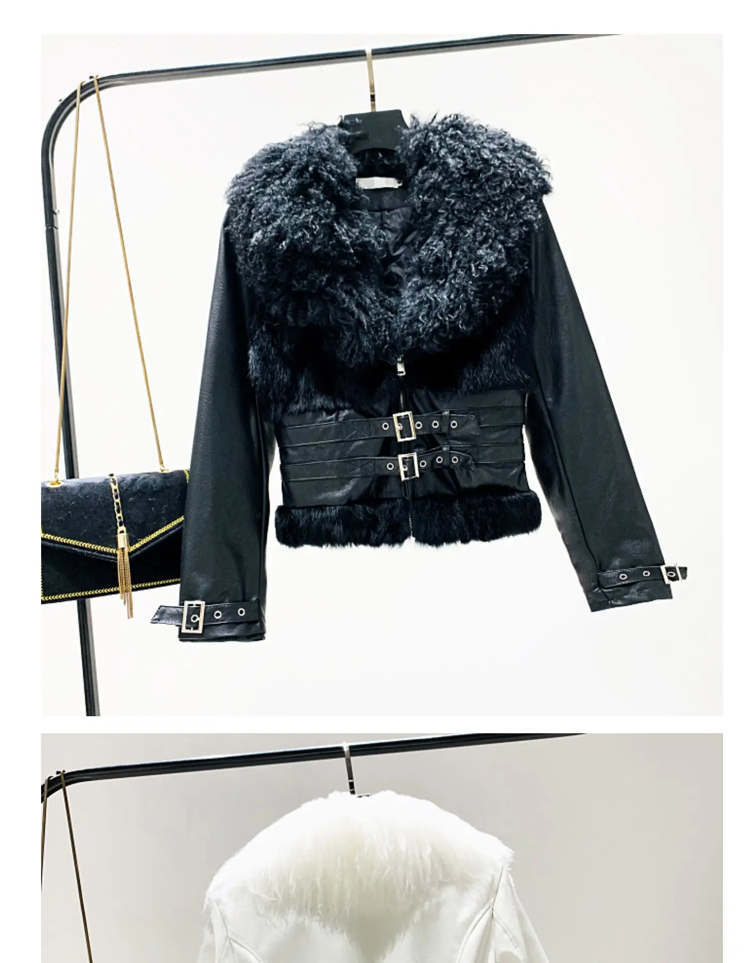 Белый, черный, зимний ворсистый, пушистый, искусственный мех, v-образный вырез, длинный рукав, искусственная кожа, топы, мотоциклетная куртка, пальто, верхняя одежда для женщин