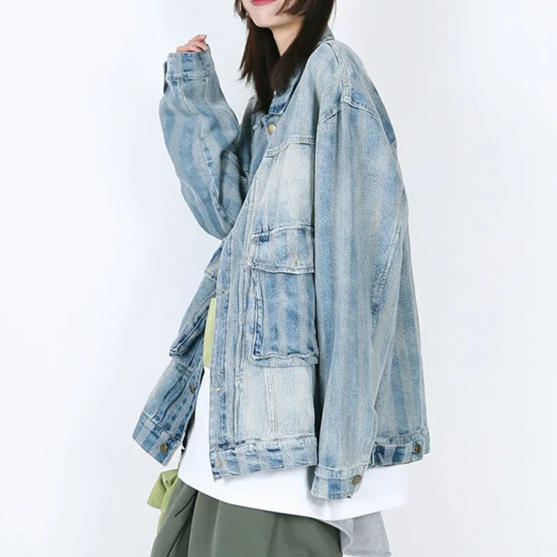 

XUXI 2020 Spring Women's Loose Stripe Coat Women's New Fashion Pocket Mosaic, Goddess Fans Informal, Leisure Minority Top FZ1157