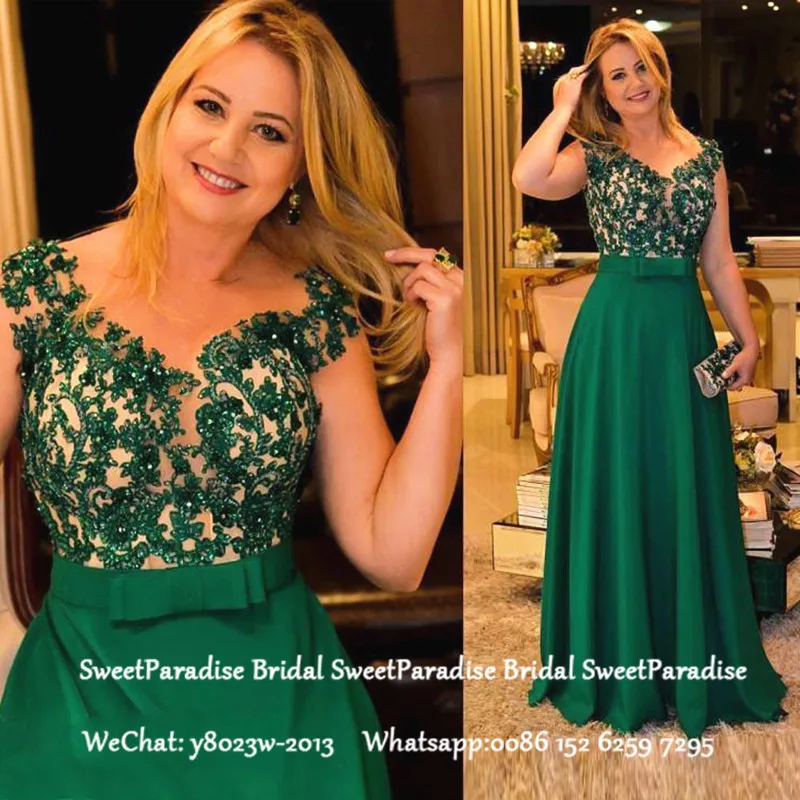 Chic Appliques Beads Long Mother of the Bride Dresses For Weddings Short Sleeves Green A Line Formal Evening Dress Gown