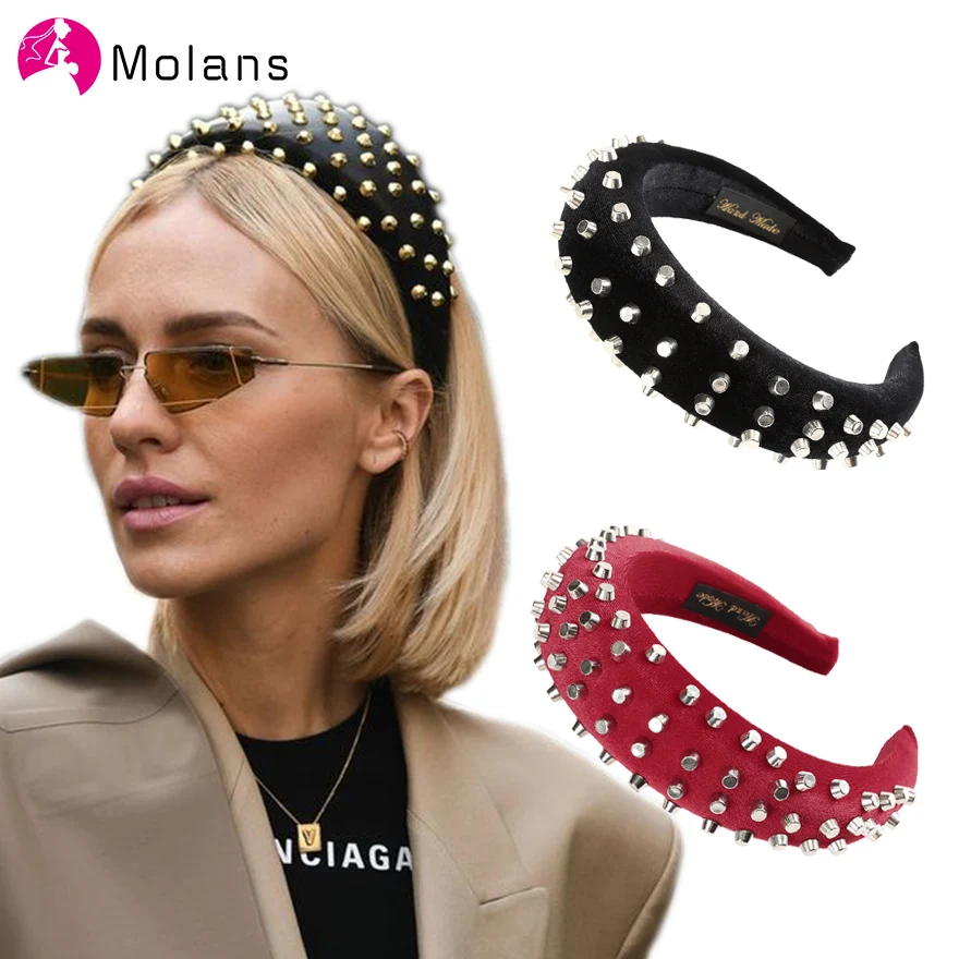 

MOLANS Soft Black Deeply Padded Velvet Alice HeadBand with Silver Stud Rivets Spanish Matador Thick Sponge Hair Hoops Hairband