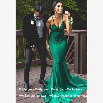 

Maxi Mermaid Evening Dress For Women Green Pleat Long Chapel Train Spaghetti Strap Prom Dresses Robe De Soiree