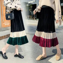 JINGRUI осень Новая женская контрастная прошитая длинная свободная Золотая Бархатная плиссированная юбка