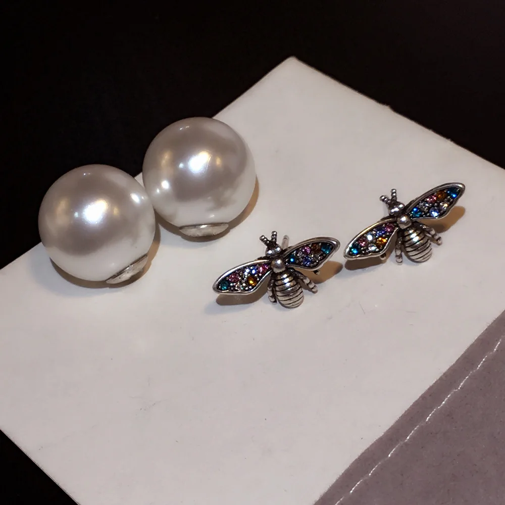 

Hot Brand Pure 925 Sterling Silver Jewelry For Women bee Earrings Chain Imitation Pearl colours Earrings Summer Party Earrings