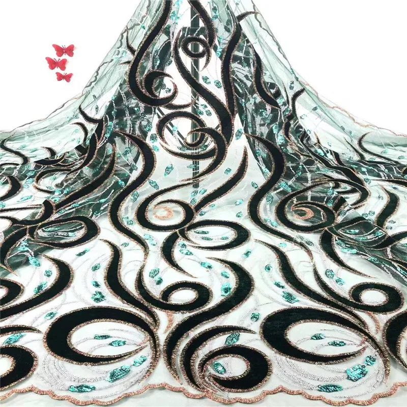 

High Quality African Velvet Lace Fabric 2019 Latest French Sequins Lace Green Sequin Fabric for Evening Dress