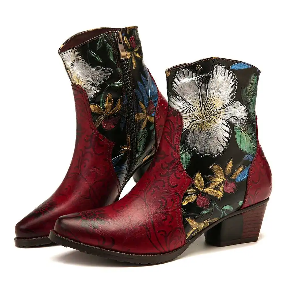 SOCOFY/ботинки с тиснением в стиле ретро; Рисование цветов масляными красками; сапоги из натуральной кожи на низком каблуке; элегантные женские туфли;
